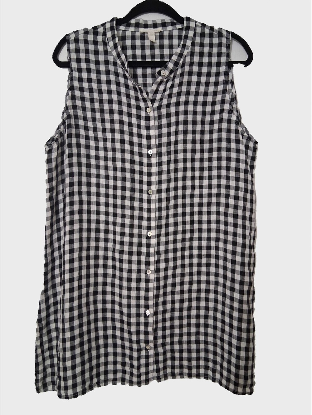 Eileen Fisher Women's Black/ White Gingham Organic Linen Sleeveless Tunic, Lg.